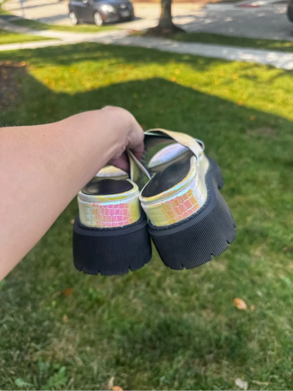 Iridescent Color shifting Platform Sandals - Yellow Pink Multi